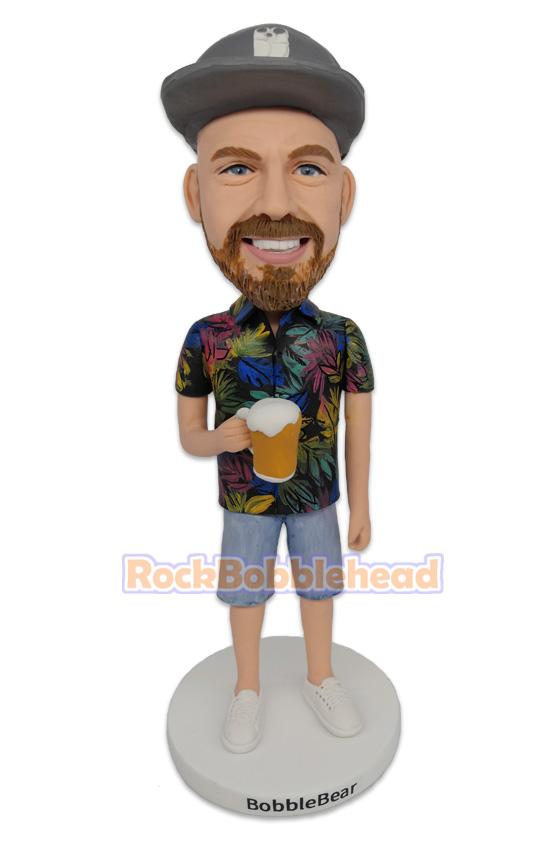 Man in Hawaiian Shirt Holding a Bottle of Beer Bobblehead
