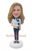 Personalized Bobblehead Lady Holds a Coffee Cup